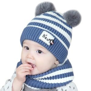 Infant Baby Blue Striped Winter Hat & Ring Scarf Set